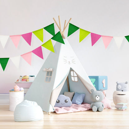 G2PLUS Pre-Strung Burlap Pennant Banner, 65Ft Pink Green and White Triangle Flag Bunting, 60pcs Pennant Banner Bunting Garland for Birthday, Wedding, Camping, Rustic Boho Theme Party Decorations