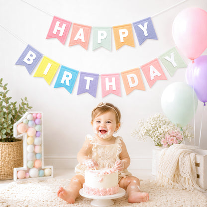 G2PLUS Pastel Happy Birthday Bunting Felt: Pre-Strung Birthday Banner for Boys, Girls, Adults and Kids Birthday Party Decoration