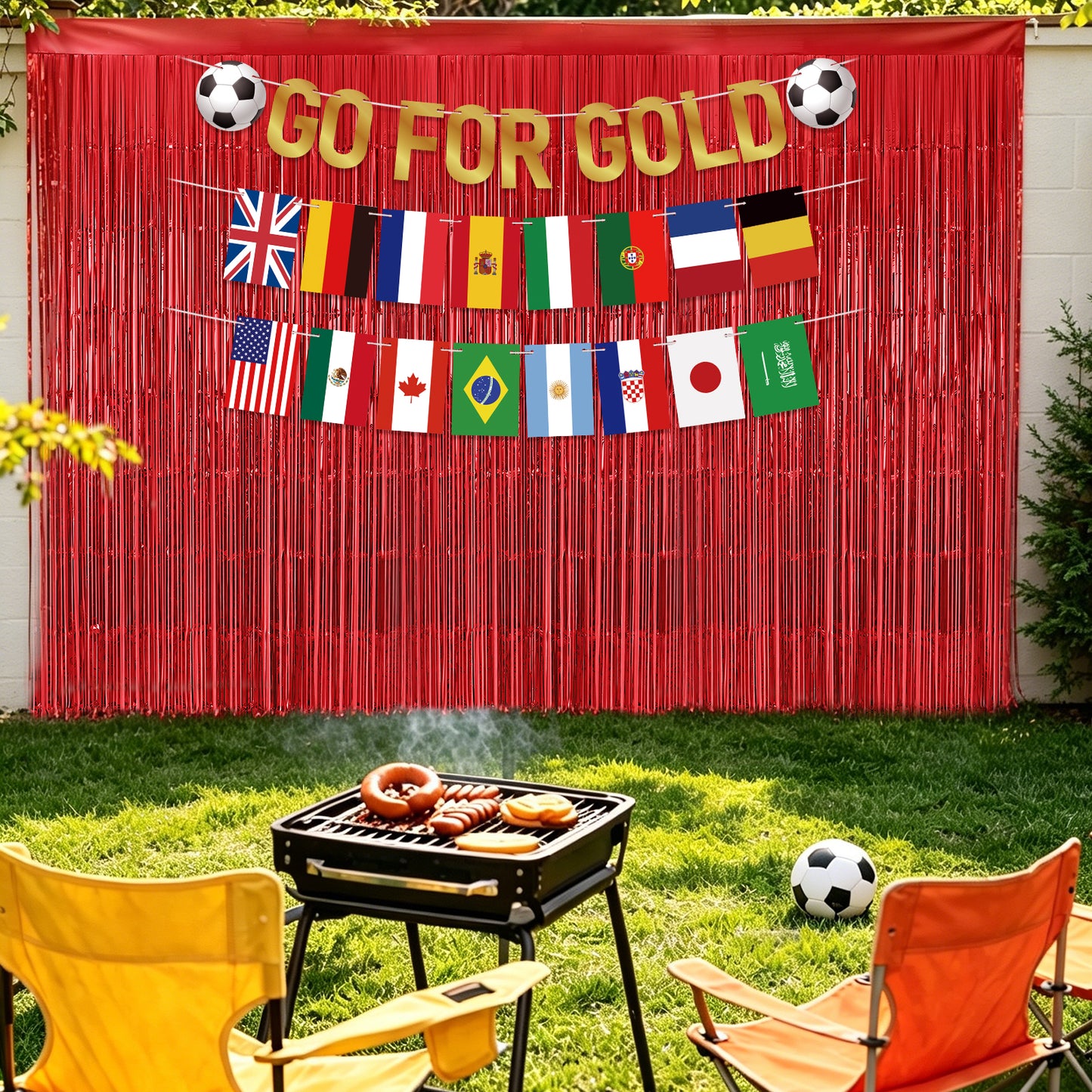 G2PLUS Party Decorations Set for World Cup Football 2026: Pre-strung Go For Gold Banner, 2PCS Flag Bunting with 2PCS Red Tinsel Fringe Curtains for Home, Bar and Garden Viewing Parties