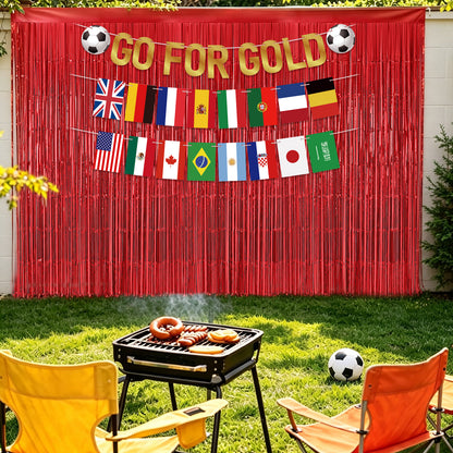 G2PLUS Party Decorations Set for World Cup Football 2026: Pre-strung Go For Gold Banner, 2PCS Flag Bunting with 2PCS Red Tinsel Fringe Curtains for Home, Bar and Garden Viewing Parties