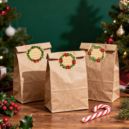 G2PLUS 120Pcs Christmas Gift Stickers - 2 Inch Round Kraft Paper Christmas Holiday Wreath Labels Stickers for Gift Wrapping, Party Favors, DIY Crafts