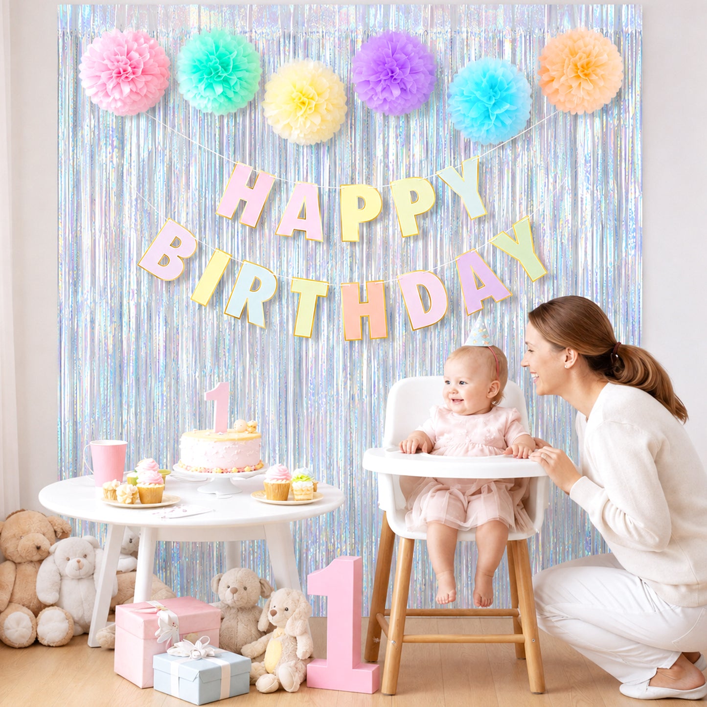 G2PLUS Pastel Birthday Decorations Set, Birthday Party Backdrop Decorations Pastel Happy Birthday Banner with 2PCS Silver Tinsel Curtains and 6PCS Paper Pom Poms for Kids and Family Parties