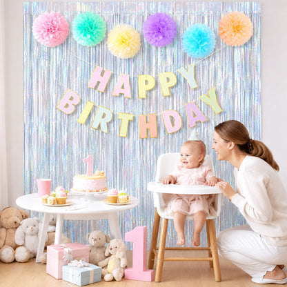 G2PLUS Pastel Birthday Decorations Set, Birthday Party Backdrop Decorations Pastel Happy Birthday Banner with 2PCS Silver Tinsel Curtains and 6PCS Paper Pom Poms for Kids and Family Parties