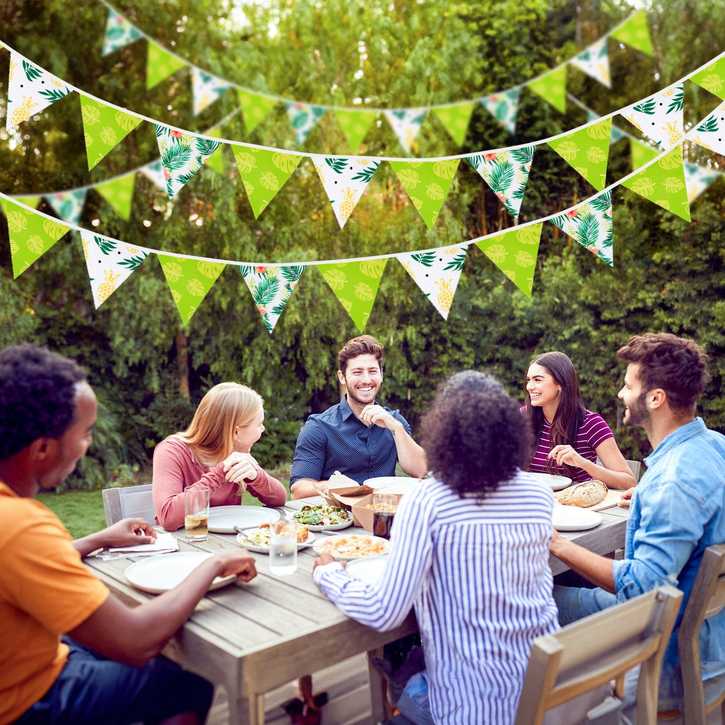 G2PLUS Tropical Fabric Bunting Banner, 39FT Extra Long Reusable Cotton Triangle Flags with Green Leaves & Pineapple, Pre-Sewn Garland Pennant Banner for Summer Luau, Hawaiian & Outdoor Party Decor