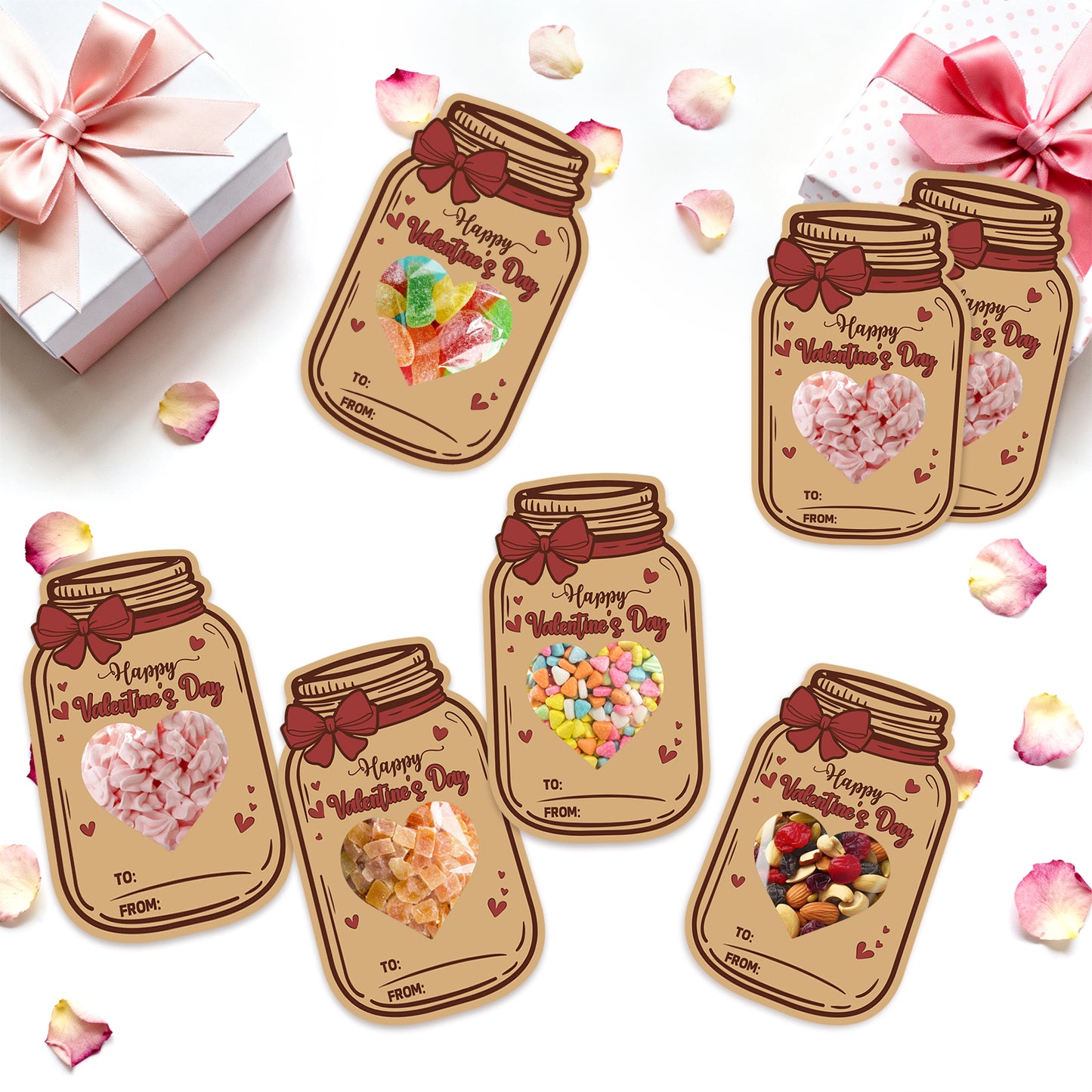 G2PLUS Valentines Day Cards, 50Pack Happy Valentine’s Day Mason Jar Cards with Treat Bags, Heart Cutout Blank Card for Classroom Valentines, Kids Exchange Cards & Valentine Party Favors