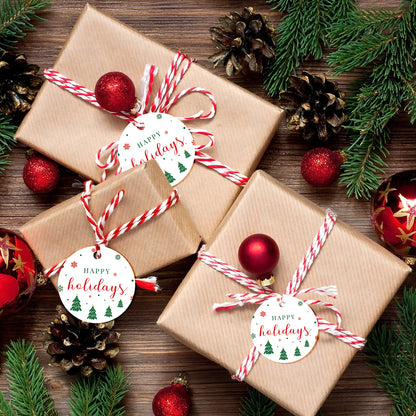 G2PLUS Happy Holiday Tags, 100PCS Christmas Holiday Tags, 2'' Round Holiday Gift Tags, Christmas Tree Paper Gift Tags with String for Xmas Gift Wrapping, DIY Arts & Crafts, Holiday Season Party Favors