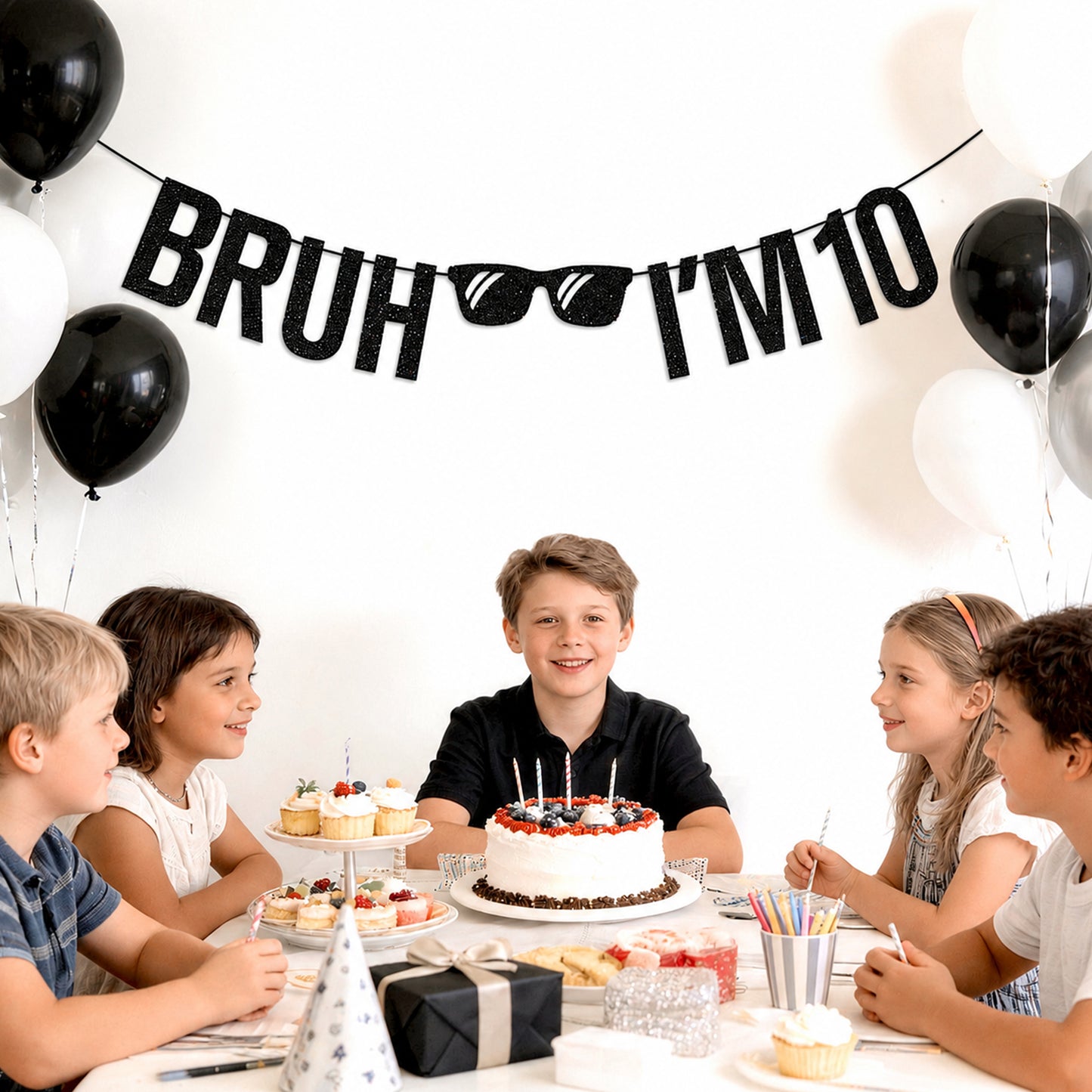 G2PLUS Pre-Strung 10th Birthday Banner,Glitter 10th Birthday Decorations Black Happy 10th Birthday Banner, 3m Bruh I'm 10 Banner, Double Digits 10th Birthday Decorations for Boys