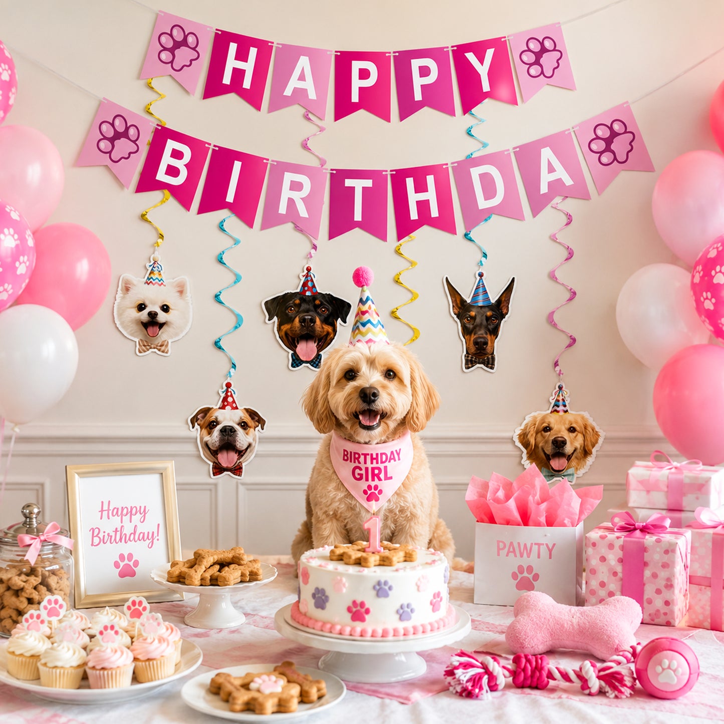 G2PLUS Pre-Strung Dog Birthday Decorations with 6PCS Hanging Swirl, Pink Dog Birthday Banner, Puppy Party Banner for Wall Backdrop Decoration