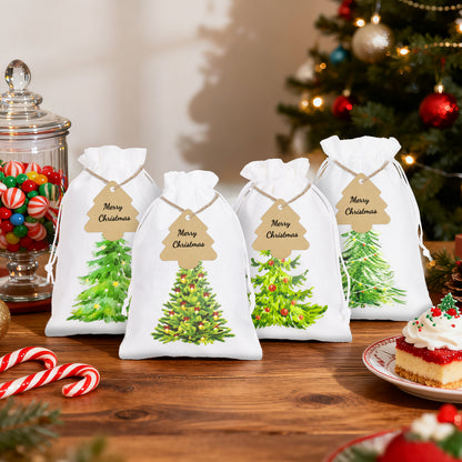 G2PLUS 24Pcs Christmas Drawstring Burlap Gift Bags - 5X7 In Christmas Advent Calendar Bags, 4 Design Xmas Tree Burlap Bag, White Treat Goody Bag for Xmas Holiday Party Favors