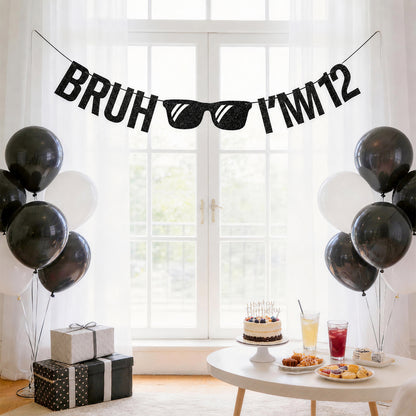 G2PLUS Pre-Strung 12th Birthday Banner, Glitter 12th Birthday Decorations Black Happy 12th Birthday Banner, 3m Bruh I'm 12 Banner, 12th Birthday Party Decorations for Boys