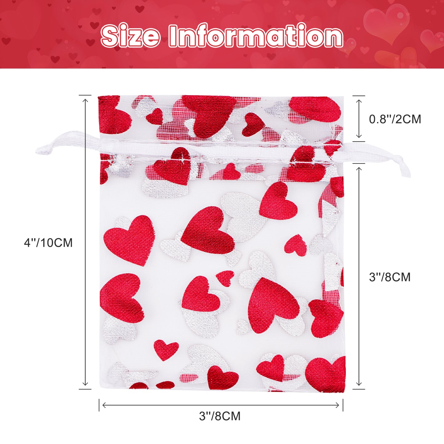 G2PLUS Heart Organza Bags, 3''x4'' Organza Gift Bags, 50PCS Drawstring Sheer Organza Gift Bags, Organza Mesh Jewelry Pouches, Candy Bags for Easter, Mother's Day, Wedding Party Favors (White Red)