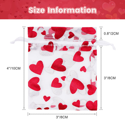 G2PLUS Heart Organza Bags, 3''x4'' Organza Gift Bags, 50PCS Drawstring Sheer Organza Gift Bags, Organza Mesh Jewelry Pouches, Candy Bags for Easter, Mother's Day, Wedding Party Favors (White Red)