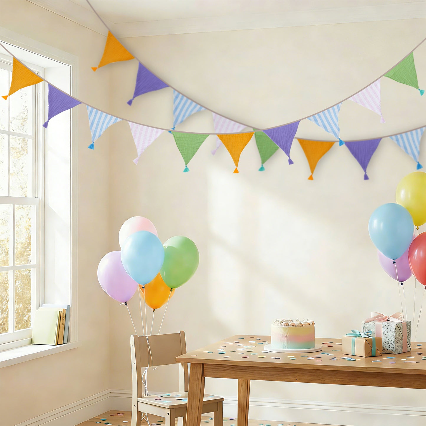 G2PLUS Pre-Strung Fabric Triangle Banner Garland, 8.5ft Double-Sided Cotton Bunting Flags, Reusable Pennant Banner with Tassels for Birthday, Party, Baby Shower, Nursery Decor - Macaron
