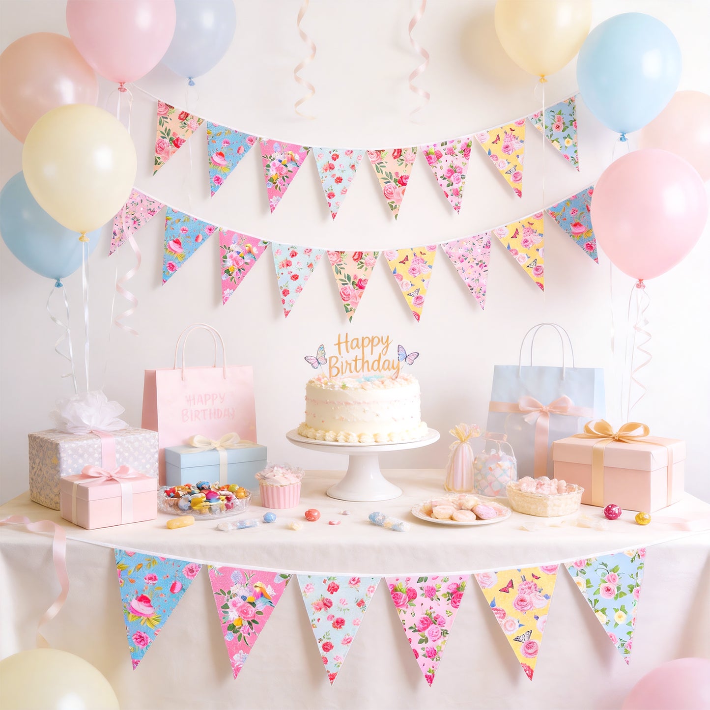 G2PLUS Floral Tea Party Banner, 39Ft Pre-Strung Flower Bunting Garland, Double Sided Paper Pennant Banner Garland for Birthday, Baby Shower, Bridal Shower, Garden, Spring Party Decor (Pink)