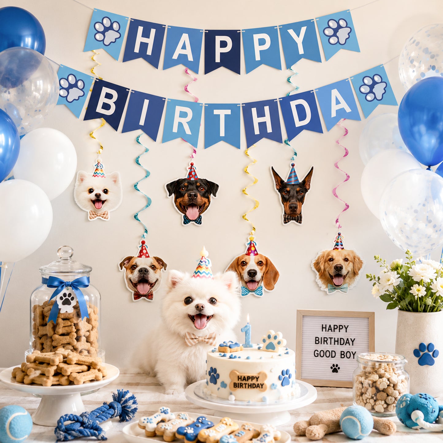 G2PLUS Pre-Strung Dog Birthday Decorations with 6PCS Hanging Swirl, Blue Dog Birthday Banner, Puppy Party Banner for Wall Backdrop Decoration