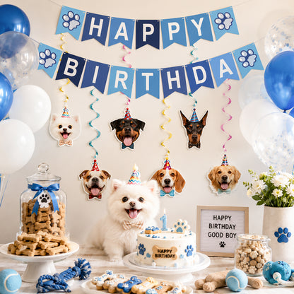 G2PLUS Pre-Strung Dog Birthday Decorations with 6PCS Hanging Swirl, Blue Dog Birthday Banner, Puppy Party Banner for Wall Backdrop Decoration