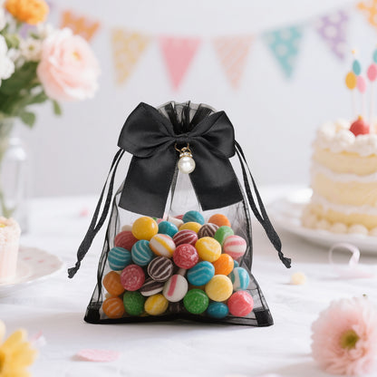 G2PLUS 30Pcs Organza Bags with Bow-4x6 In Black Wedding Favor Bags, Sheer Mesh Jewelry Pouches with Drawstring for Bridal Shower, Baby Shower, Valentine's Day Party Favors