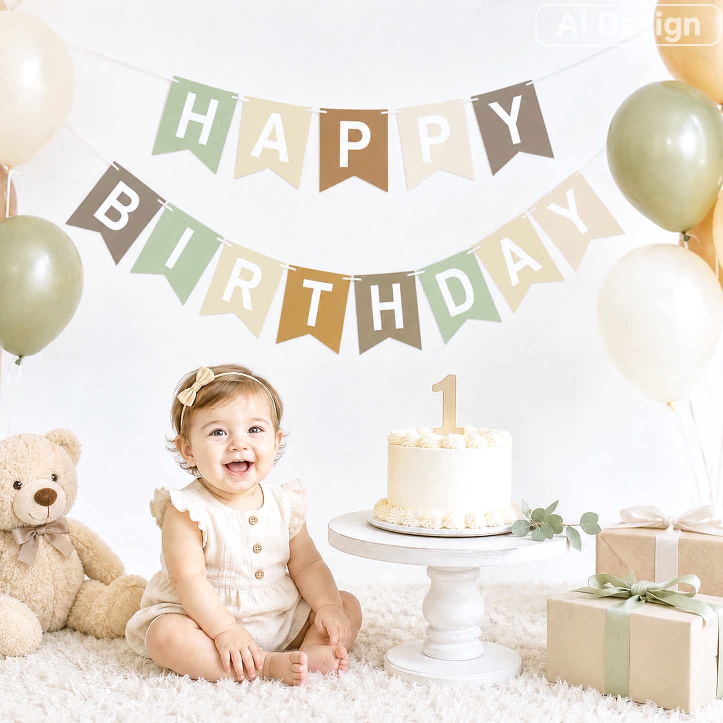 G2PLUS Pre-strung Happy Birthday Banner Beige and Sage Green: 16 x 20 cm Large No-DIY Birthday Banner for Bear, Woodland Theme Birthday Party Decorations