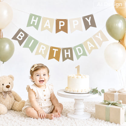 G2PLUS Pre-strung Happy Birthday Banner Beige and Sage Green: 16 x 20 cm Large No-DIY Birthday Banner for Bear, Woodland Theme Birthday Party Decorations