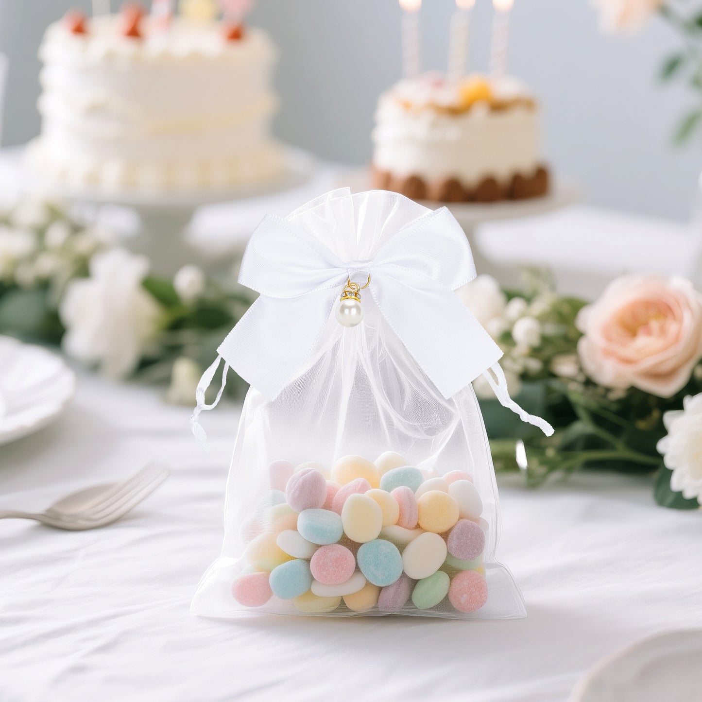 G2PLUS 30Pcs Organza Bags with Bow-4x6 In White Wedding Favor Bags Sheer Mesh Jewelry Pouches with Drawstring for Bridal Shower, Baby Shower, Valentine's Day Party Favors
