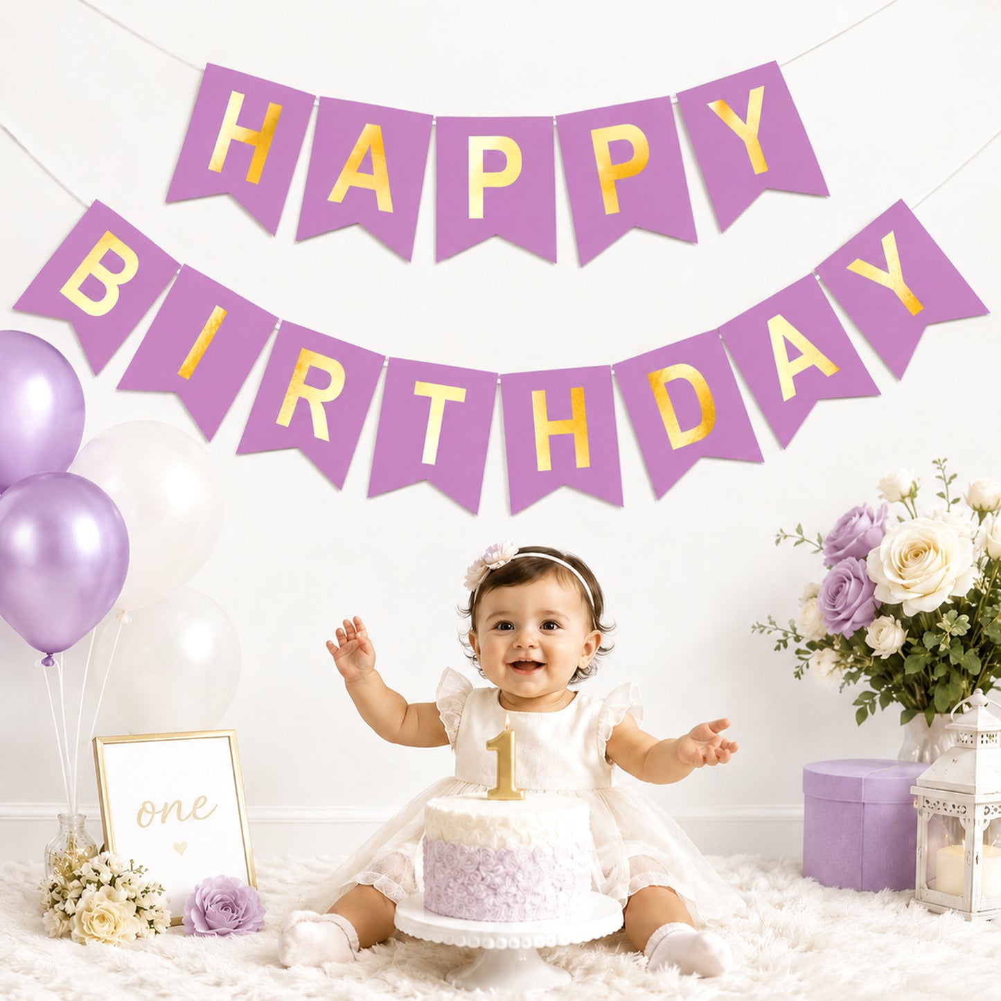 G2PLUS Pre-Strung Happy Birthday Banner Purple and Gold: 16 x 20 cm Large No-DIY Birthday Banner for Women Mom Birthday Party Decorations