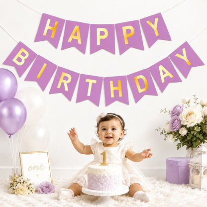 G2PLUS Pre-Strung Happy Birthday Banner Purple and Gold: 16 x 20 cm Large No-DIY Birthday Banner for Women Mom Birthday Party Decorations