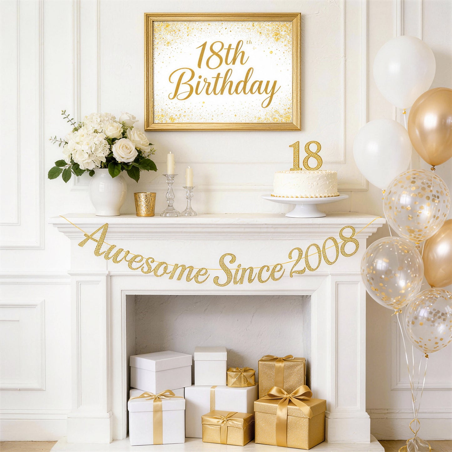 G2PLUS Pre-Strung 18th Birthday Banner, Glitter 18th Birthday Decorations Champagne Gold Happy 18th Birthday Banner, 3m Awesome Since 2008 Banner, 18th Birthday Party Decorations