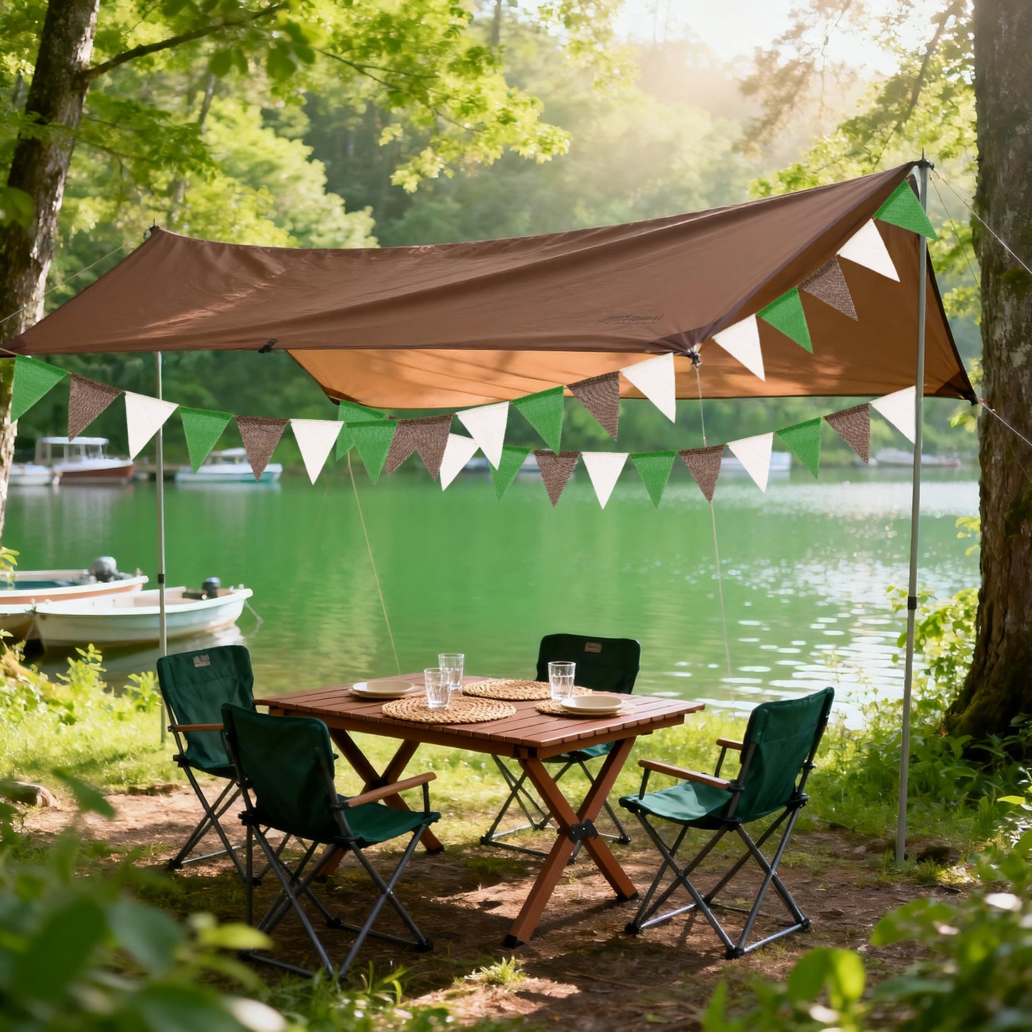 G2PLUS Pre-Strung Burlap Pennant Banners, 39Ft Green White Brown Fabric Triangle Flag Bunting, 36Pcs Pennant Banner Flags Garland for Football Game Day, Outdoor Parties, Camping & Backyard Decorations