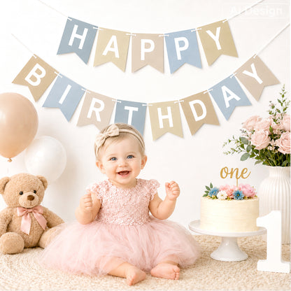 G2PLUS Pre-strung Happy Birthday Banner Beige and Blue: 16 x 20 cm Large No-DIY Birthday Banner for Boys and Girls Birthday Party Decorations