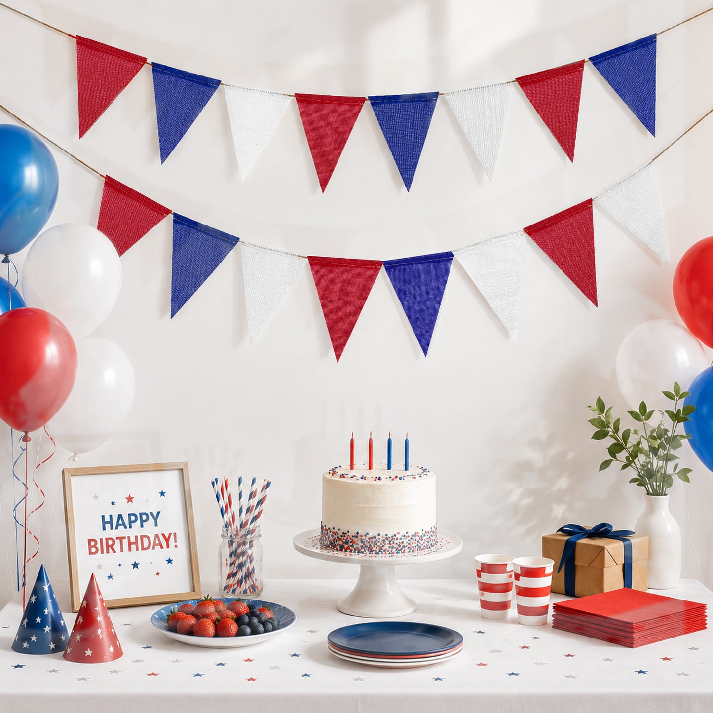 G2PLUS 39Ft Red White Blue Triangle Flag Bunting, 36Pcs Pre-Strung Burlap Pennant Banner, Patriotic Party Decorations for 4th of July, Independence, Memorial Day, Graduations, Labor Day, Graduation