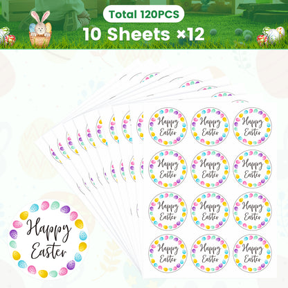 G2PLUS Easter Gift Stickers, 120Pcs Happy Easter Stickers, 2" Round Easter Eggs Labels Stickers, Personalized Easter Decoration Stickers for Gift Wrap, Easter Party, Candy Bags