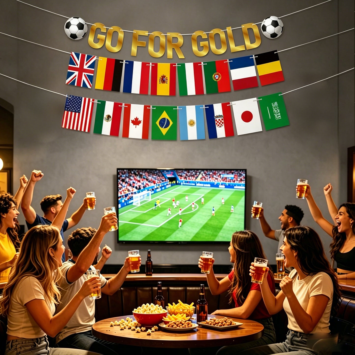 G2PLUS Party Decorations for World Cup Football 2026: Pre-strung Flag Bunting Banner, Go For Gold Banner, Home, Bar and Garden Viewing Parties