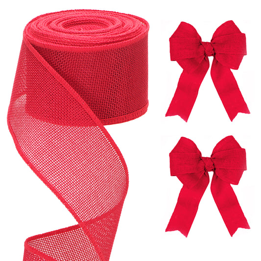 G2PLUS 63mm Wired Burlap Ribbon, 10M Christmas Wired Ribbon for Wreaths, Christmas Ribbon for Gift Wrapping, Red Hessian Wired Ribbon for Bows and Christmas Wreaths Project