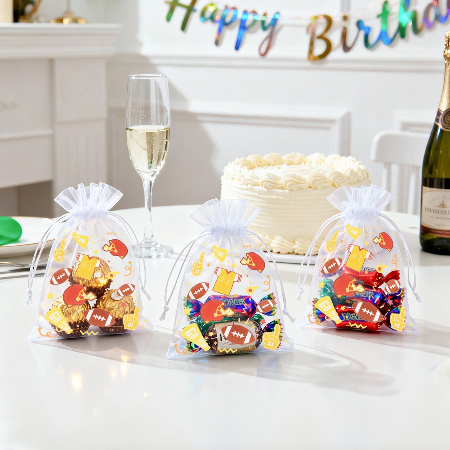 G2PLUS 30PCS Sports Theme Organza Bags 4x6, Sheer Mesh Drawstring Pouches for Football Party Favors, Game Day Party Treat Bags for Kids Birthday & Team Gifts