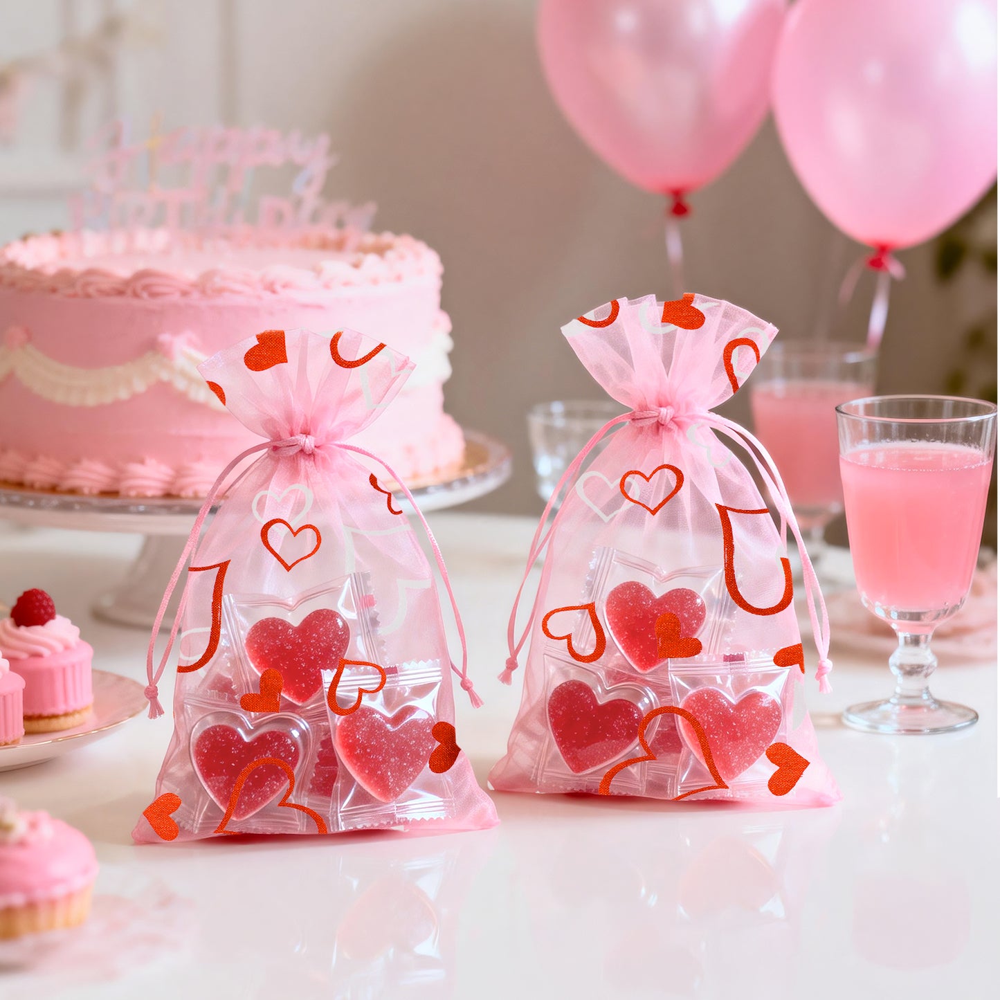 G2PLUS 50PCS Valentines Gift Bags Organza 5x7in, Pink Foil Heart Sheer Mesh Organza Pouches with Drawstring for Valentines Day Party Favors, Candy Gift Bags & Wedding Favors