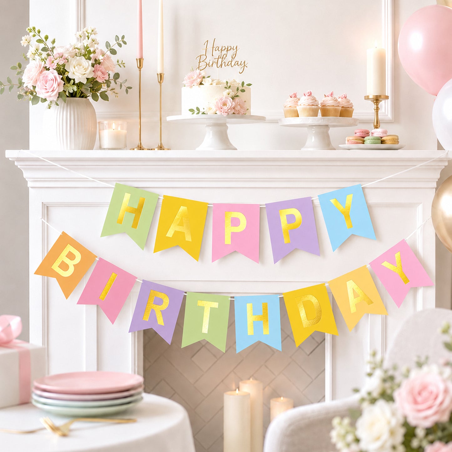 G2PLUS Pre-Strung Happy Birthday Banner Pastel and Gold: 16 x 20 cm Large No-DIY Birthday Banner for Boys Kids Birthday Party Decorations