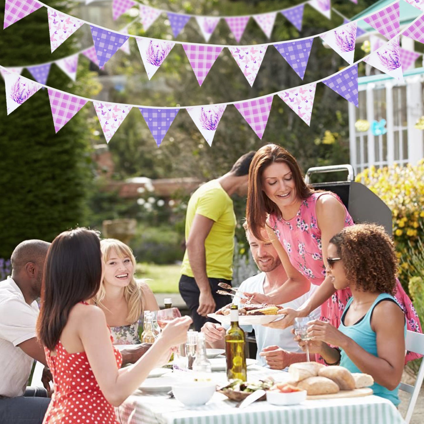 G2PLUS Purple Triangle Bunting Banner, 39FT Extra Long Reusable Cotton Triangle Flags, Pre-Sewn Gingham Garland Pennant Banner for Garden Party, Bridal Shower & Outdoor Decor
