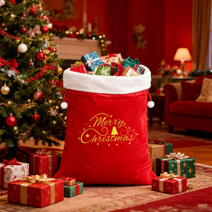 G2PLUS Large Velvet Santa Sack - 30x36 Inch Red Christmas Drawstring Gift Bags for Big Presents, Holiday Party Decor