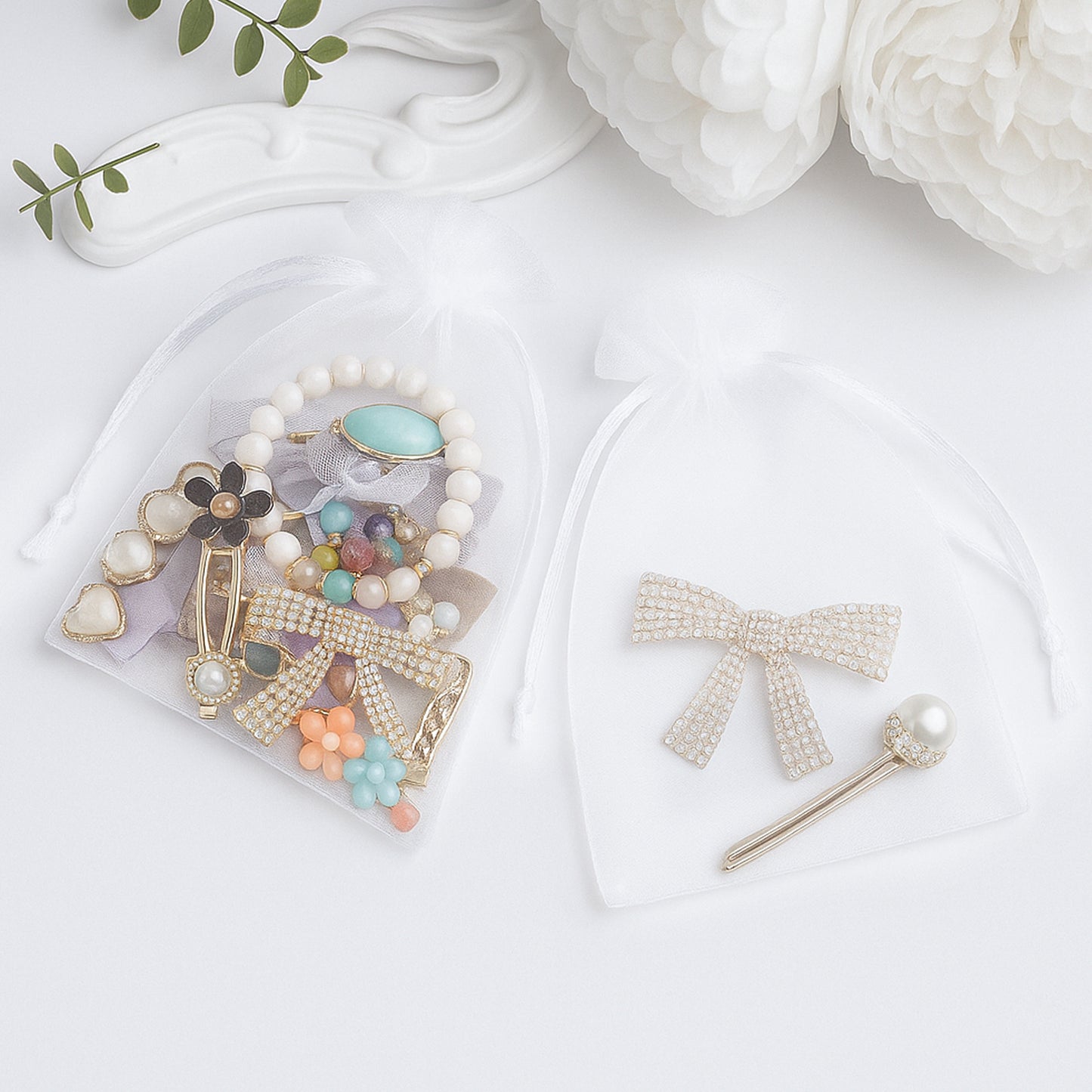 G2PLUS 25PCS White Organza Bags 5x7 inches, Sheer Mesh Jewelry Pouches, Organza Gift Bags with Drawstring for Candy, Jewelry, Wedding Party Favors