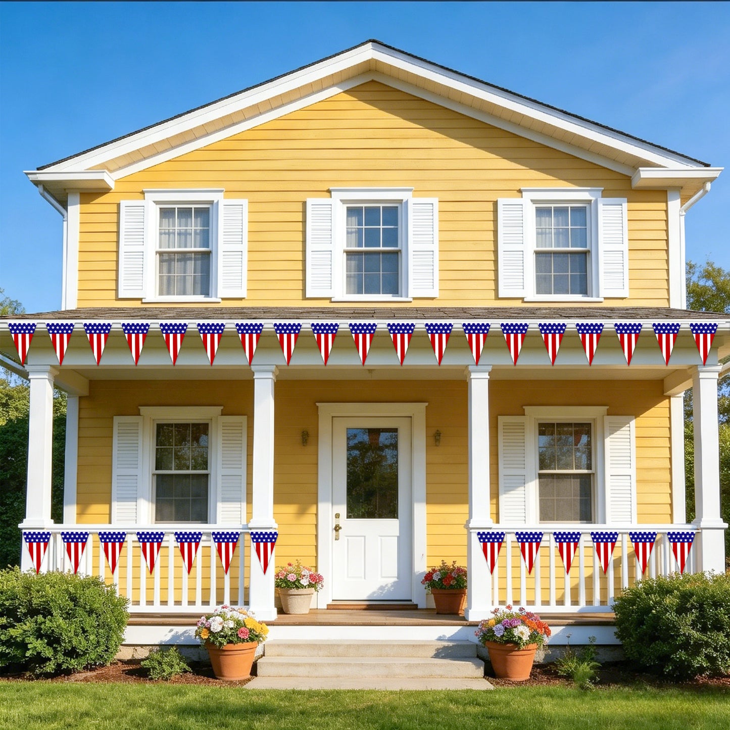 G2PLUS 4 Pack American Flag Pennant Banner, 35FT Pre-Strung Patriotic Triangle Flags, Double-Sided Red White Blue Bunting for 4th of July, Independence Day, Outdoor Party Decorations