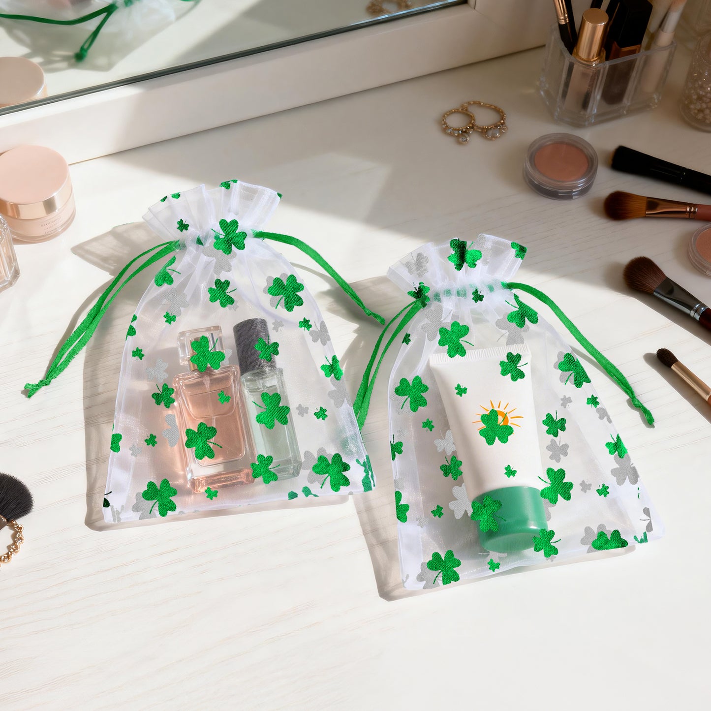 G2PLUS 50PCS St.Patrick's Day Gift Bags Organza 5x7in, Green Foil Shamrock Sheer Mesh Organza Pouches with Drawstring for St.Patrick's Day Party Favors, Candy Gift Bags & Wedding Favors