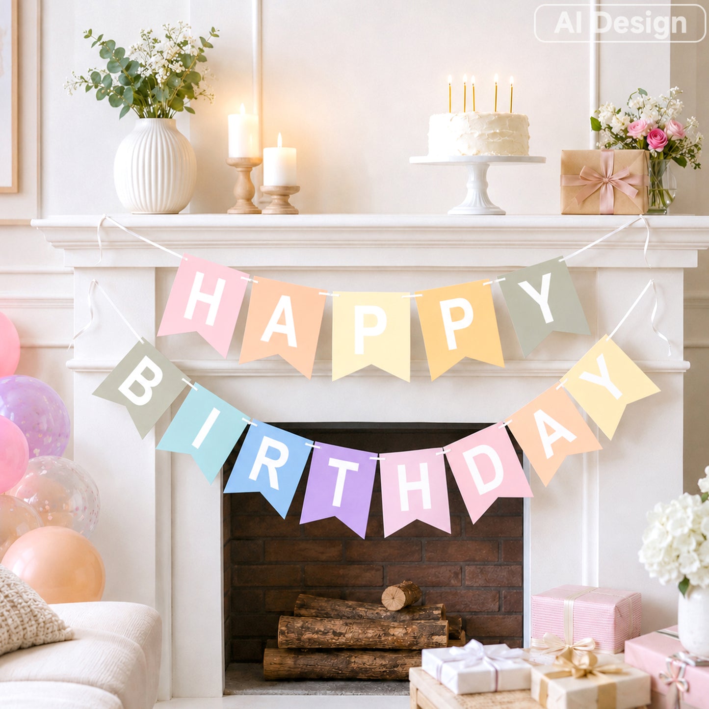 G2PLUS Pre-strung Happy Birthday Banner Pastel and White: 16 x 20 cm Large No-DIY Birthday Banner for Boys and Girls Birthday Party Decorations