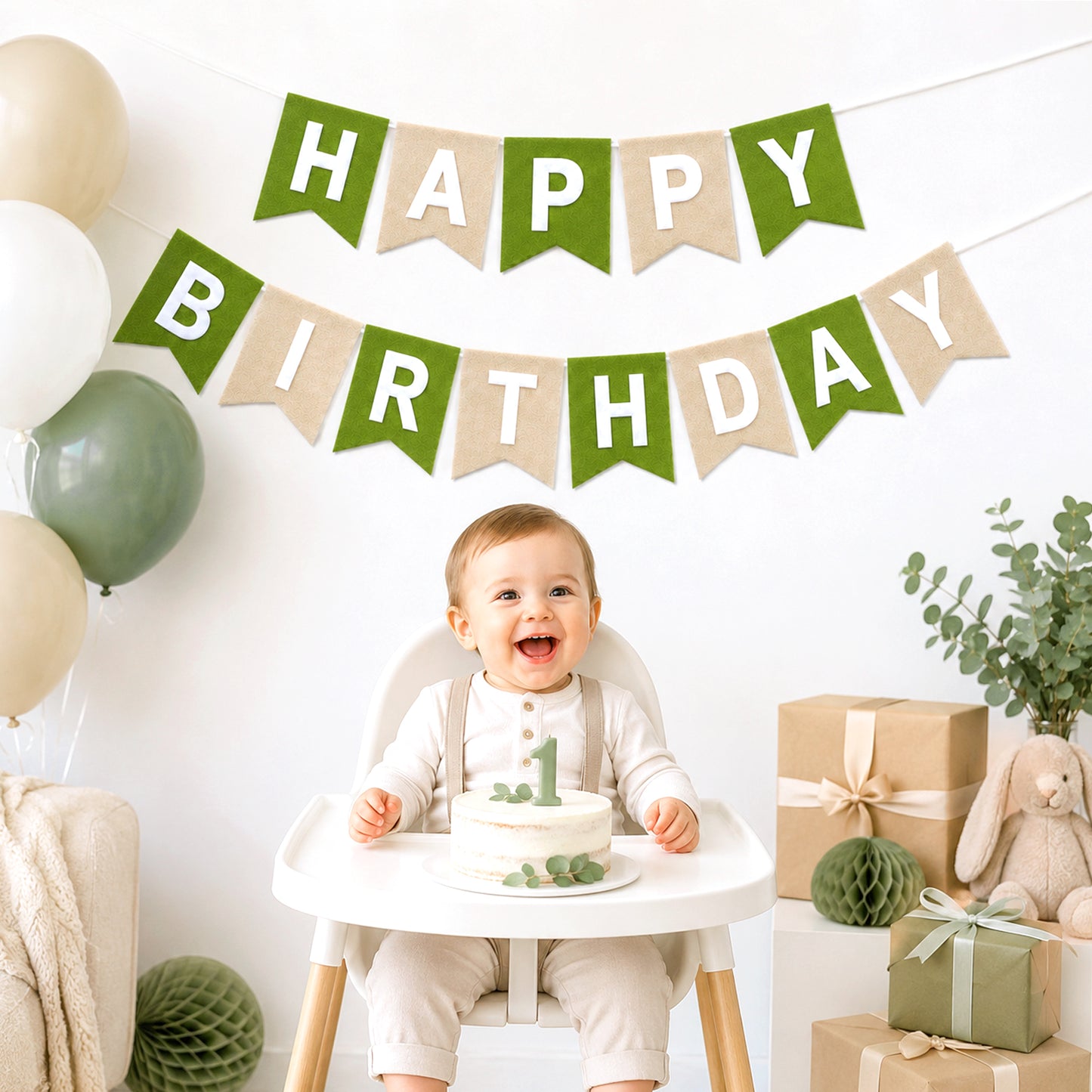 G2PLUS Sage Green and Brown Happy Birthday Bunting Felt: Pre-Strung Birthday Banner for Boys, Men, Adults and Kids Birthday Party Decoration