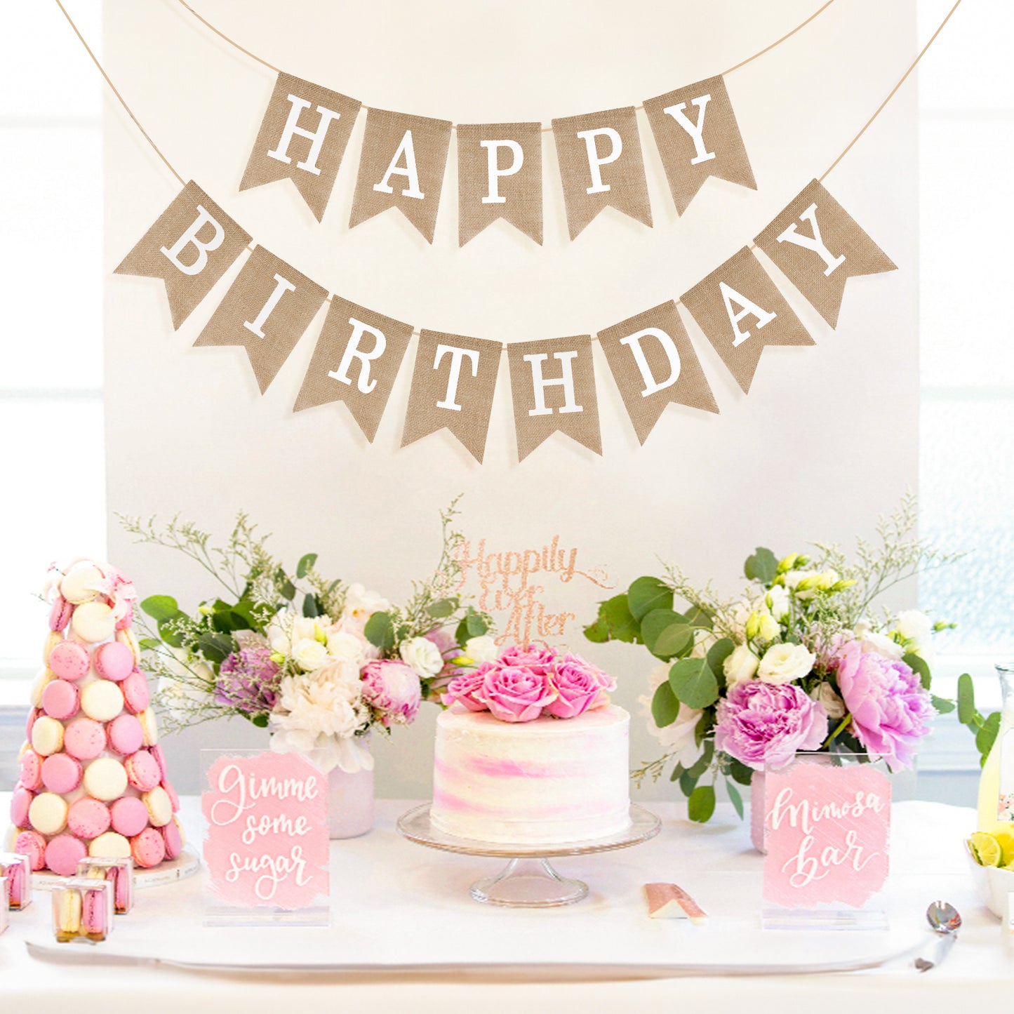 G2PLUS Happy Birthday Banners, Pre-Strung Burlap Happy Birthday Banner Sign, Rustic Happy Birthday Garland Bunting for Party Decorations, Reusable Hanging Backdrop for Cake Table