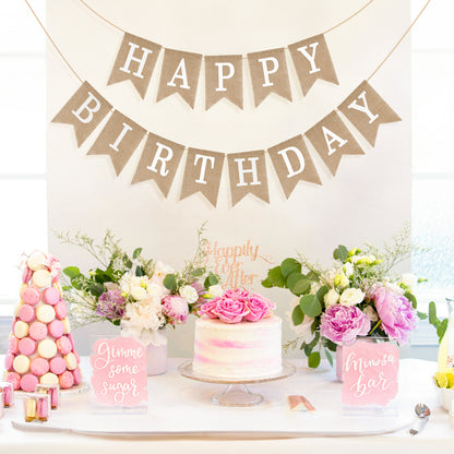 G2PLUS Happy Birthday Banners, Pre-Strung Burlap Happy Birthday Banner Sign, Rustic Happy Birthday Garland Bunting for Party Decorations, Reusable Hanging Backdrop for Cake Table