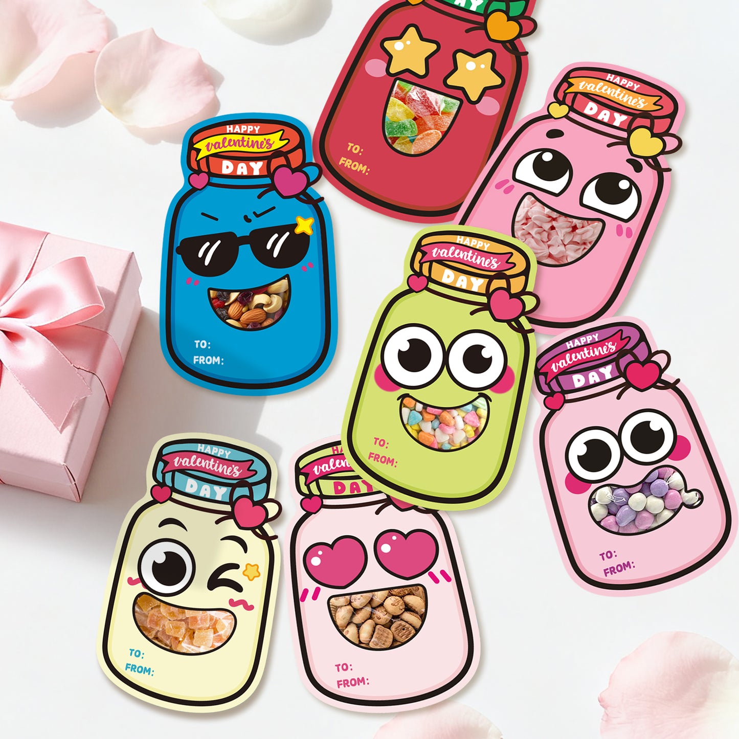 G2PLUS 48 Pack Valentines Day Cards for Kids, 8 Styles Happy Valentine’s Day Mason Jar Cards with Treat Bags for Classroom Valentines Exchange, School Gift Exchange & Party Favors