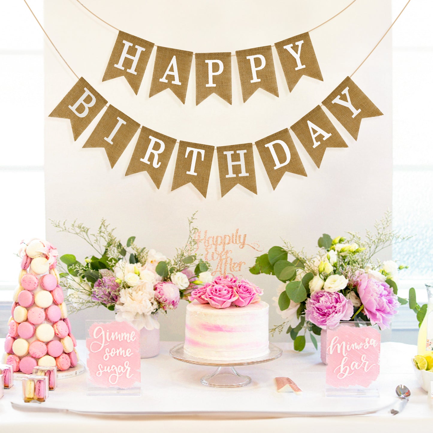 G2PLUS Happy Birthday Banners Burlap, Pre-Strung Happy Birthday Banner Sign, Rustic Happy Birthday Garland Bunting for Party Decorations, Reusable Hanging Backdrop for Cake Table