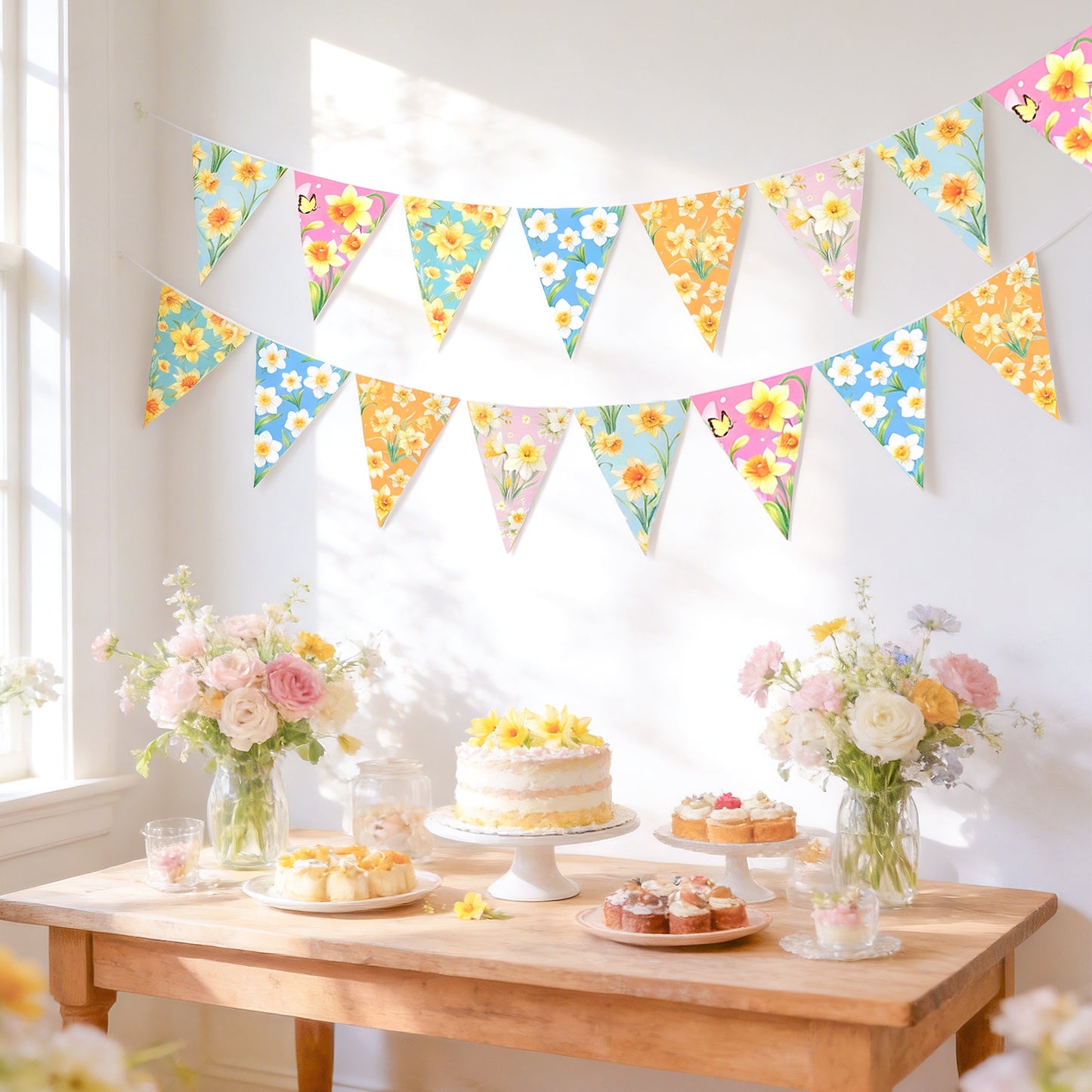 G2PLUS Floral Triangle Banner, 39Ft Pre-Strung Wildflower Paper Bunting Garland, Double Sided Pennant Banner for Tea Party, Birthday, Baby Shower, Garden, Spring Party Decorations (Yellow Narcissus)