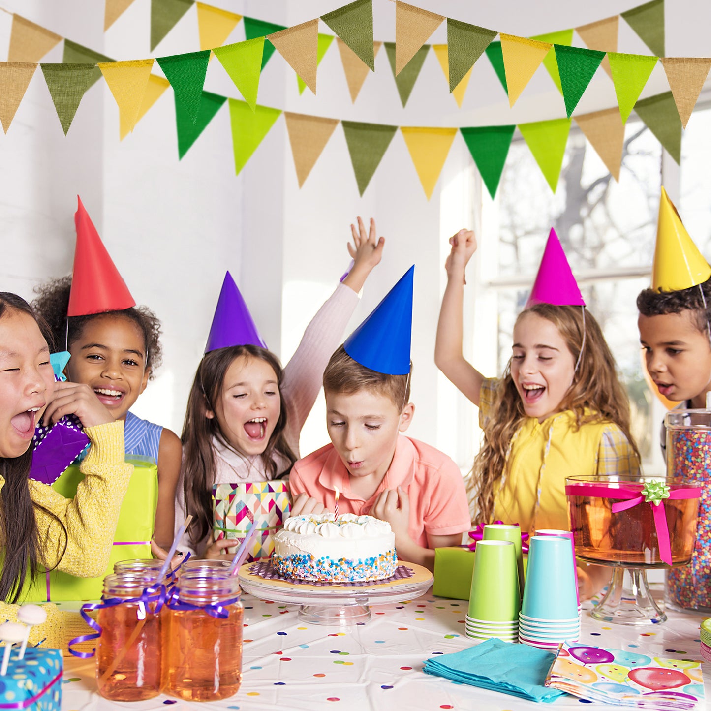 G2PLUS Pre-Strung Burlap Pennant Banner, 65Ft Green and Yellow Triangle Flag Bunting, 60pcs Pennant Banner Bunting Garland for Birthday, Wedding, Camping, Rustic Boho Theme Party Decorations