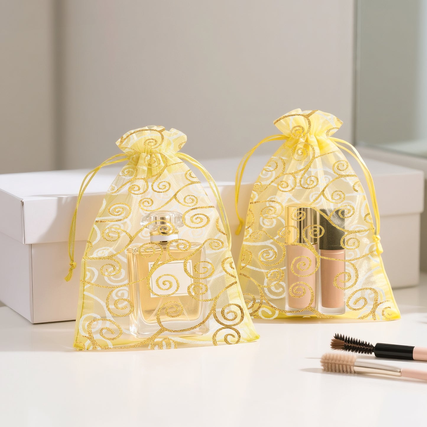 G2PLUS Organza Gift Bags 5x7 Inches - 50Pcs Sheer Mesh Organza Bags with Gold Rattan Printed, Drawstring Tulle Jewelry Pouches for Wedding, Christmas Party Favors